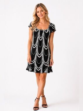 White House Black Market Black Dress with White Beaded-Print